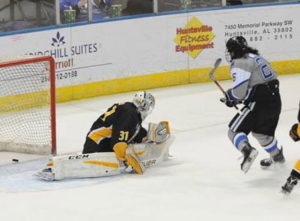Adam Wilcox scored a goal in each game against Colorado College. (Photo by UAH Athletics/Doug Eagan)